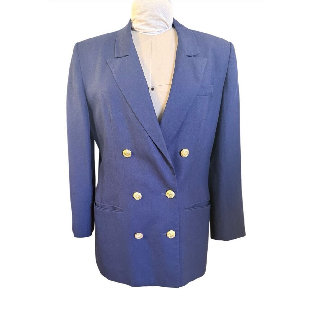 Talbots Vintage Linen Blend Double Breasted Blazer Navy Gold Btns Sz.10